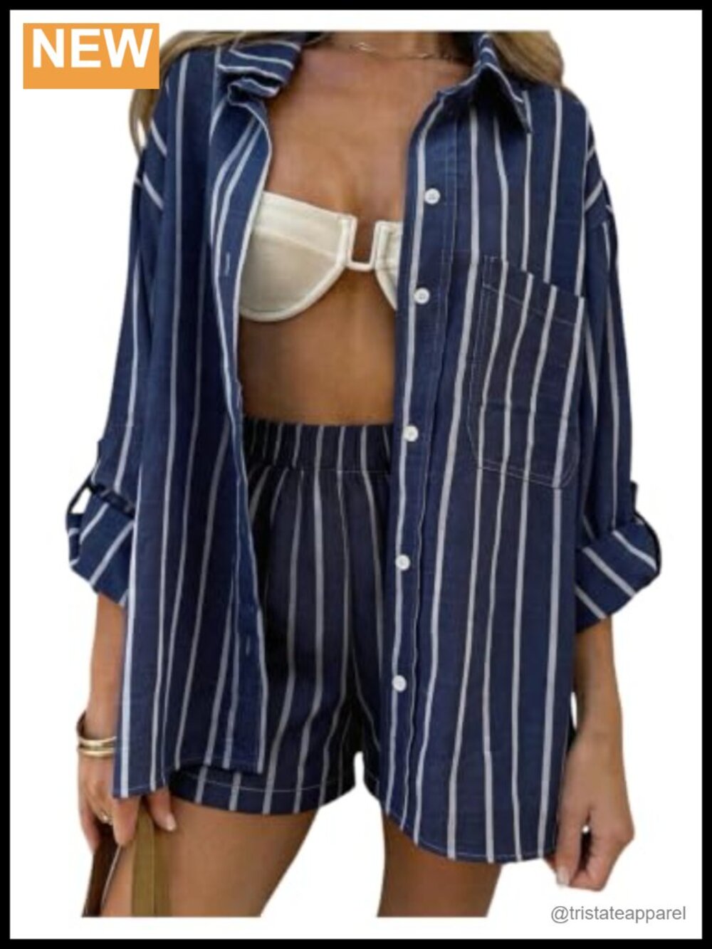 Women's Striped Short Set - 2 Piece Button Down Long Sleeve Shirt Outfit
